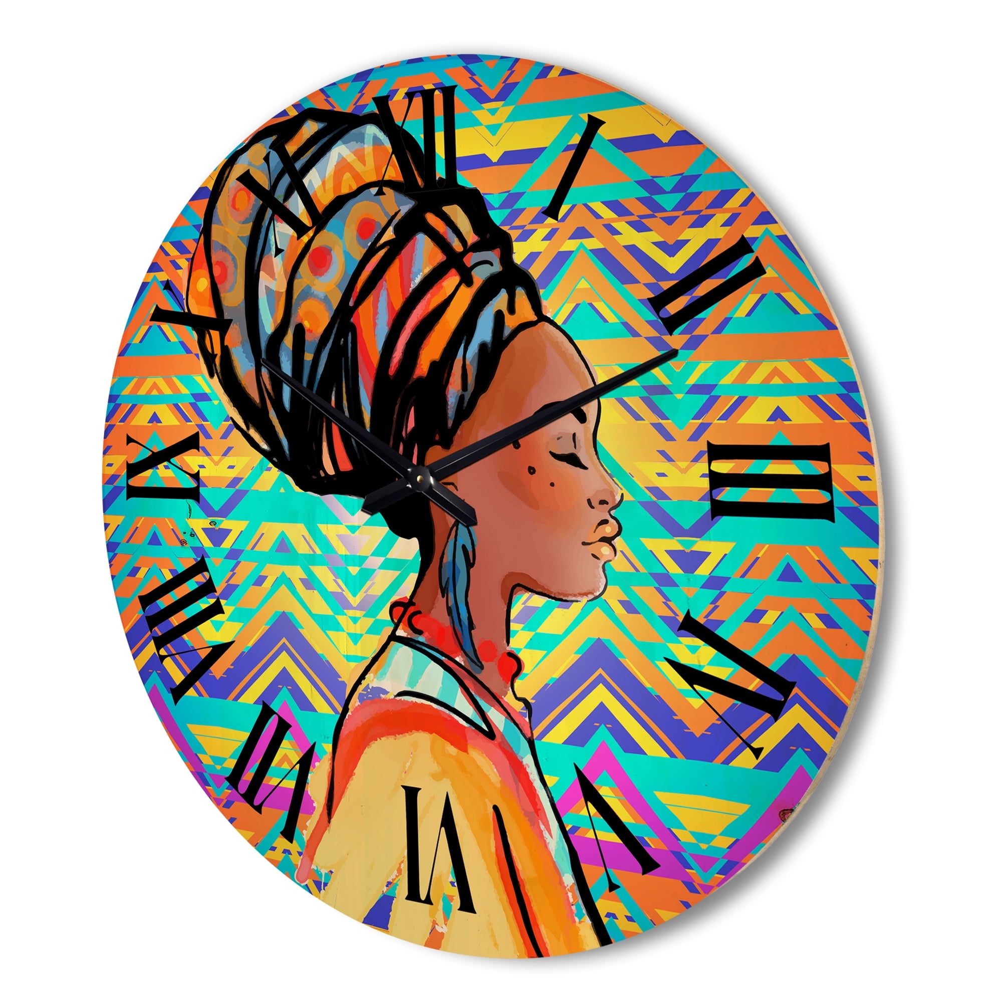 Designart 'African American Woman Portrait with Turban IV' Modern Wood Wall Clock