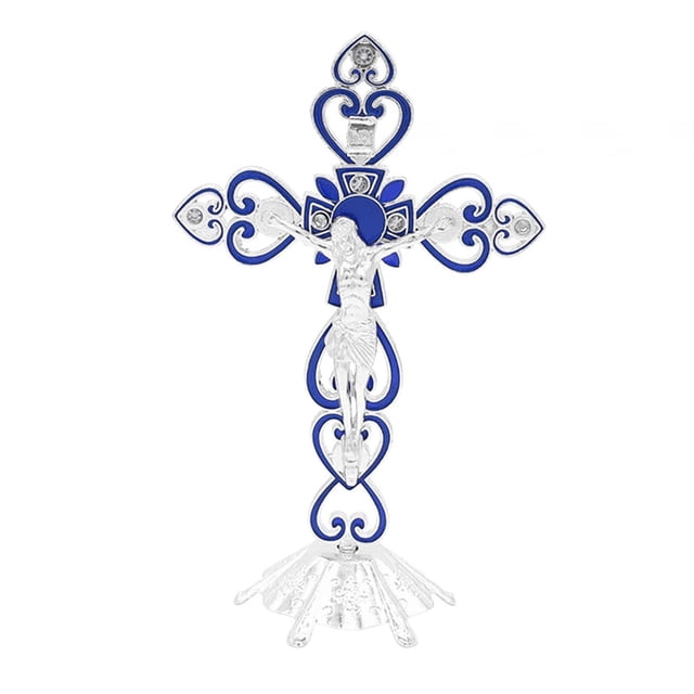 Rongfmy Croix Décorative en Métal Debout Croix de 8 Pouces Durable Table d'Autel Jésus Croix Bleue