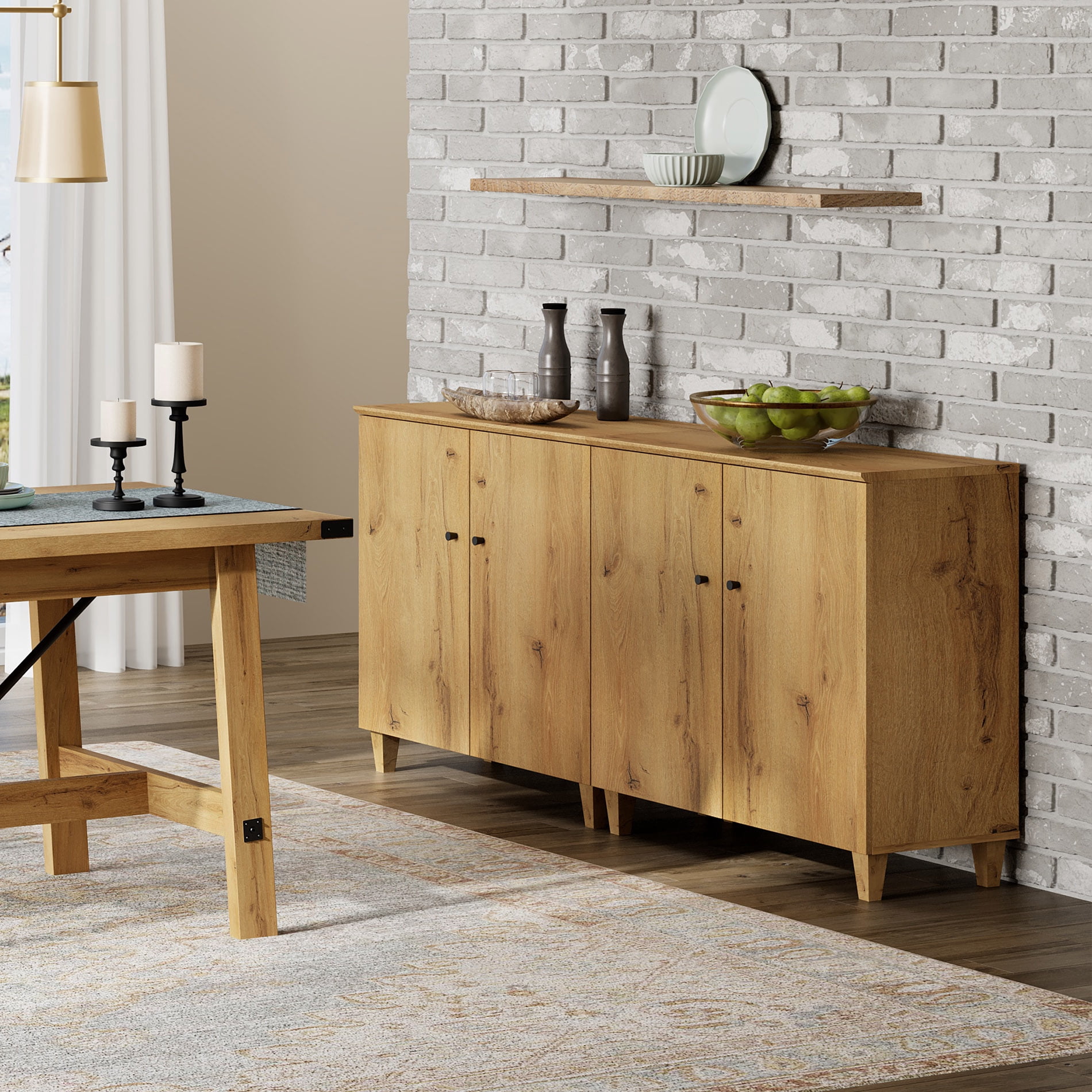 Sideboard Buffet Cabinet with 6 Compartments, 71" Wide, Oak Brown Wood Finish