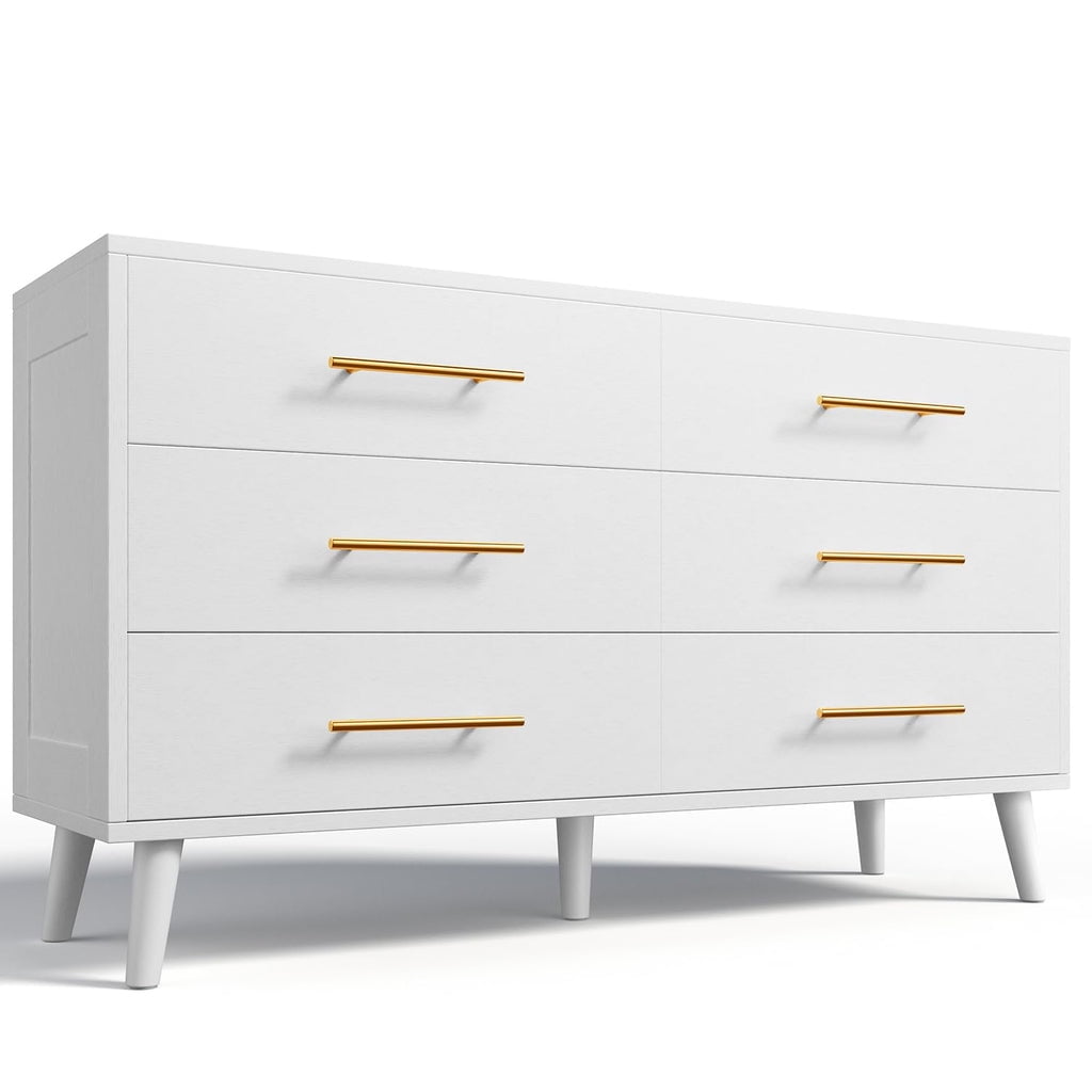 Aiho 6 Drawer Dresser, Wide Chest of Drawers Nightstand Storage Tower Storage Wooden Dresser for Living Room, Bedroom, Hallway - White