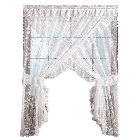 Floral Lace Priscilla Ruffle Rod Pocket 2 Piece Window Curtain Set