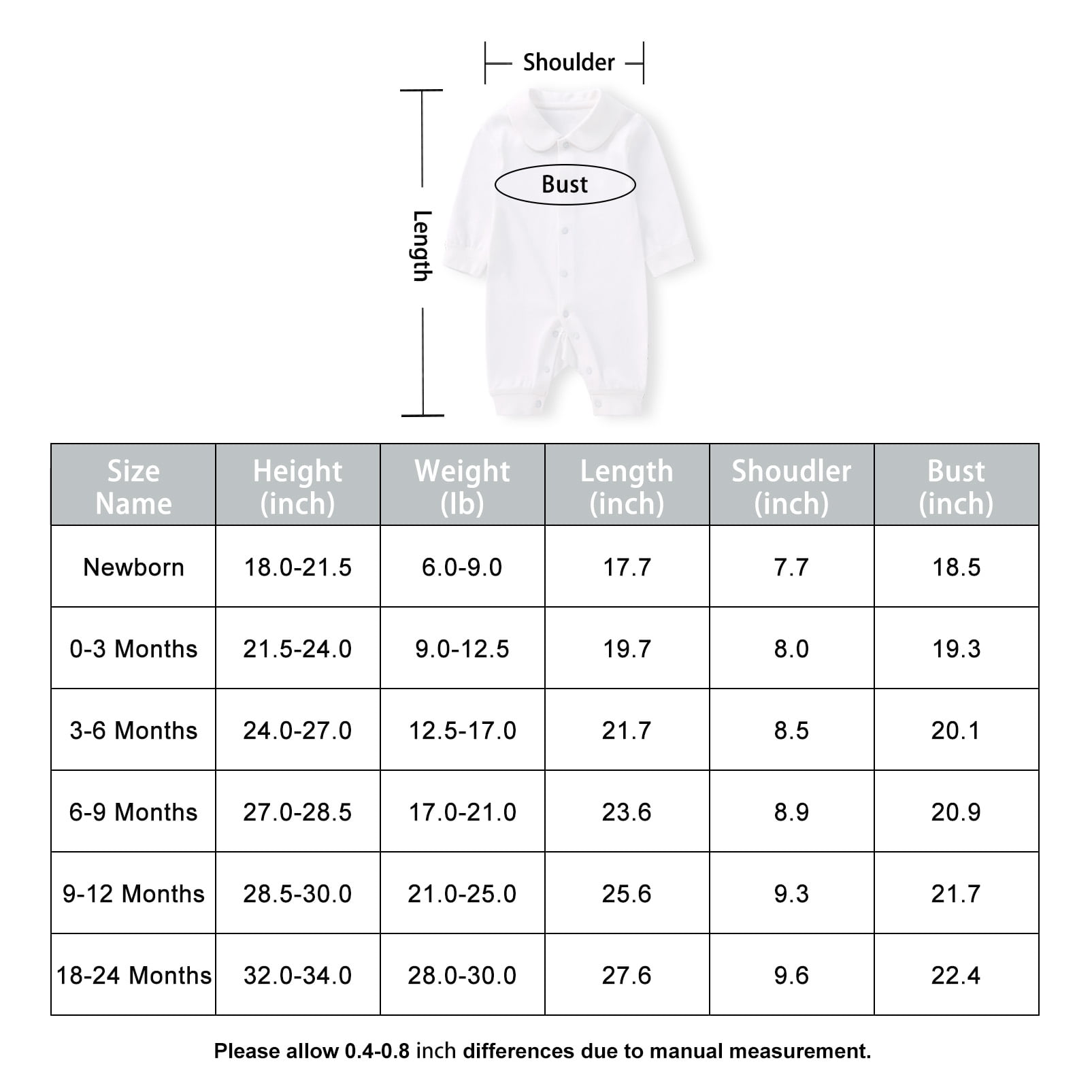 pureborn Baby Jumpsuit Infant Boys Girls Cotton Long Sleeve Spring Fall Christening Baptism Romper 6-9 Months White