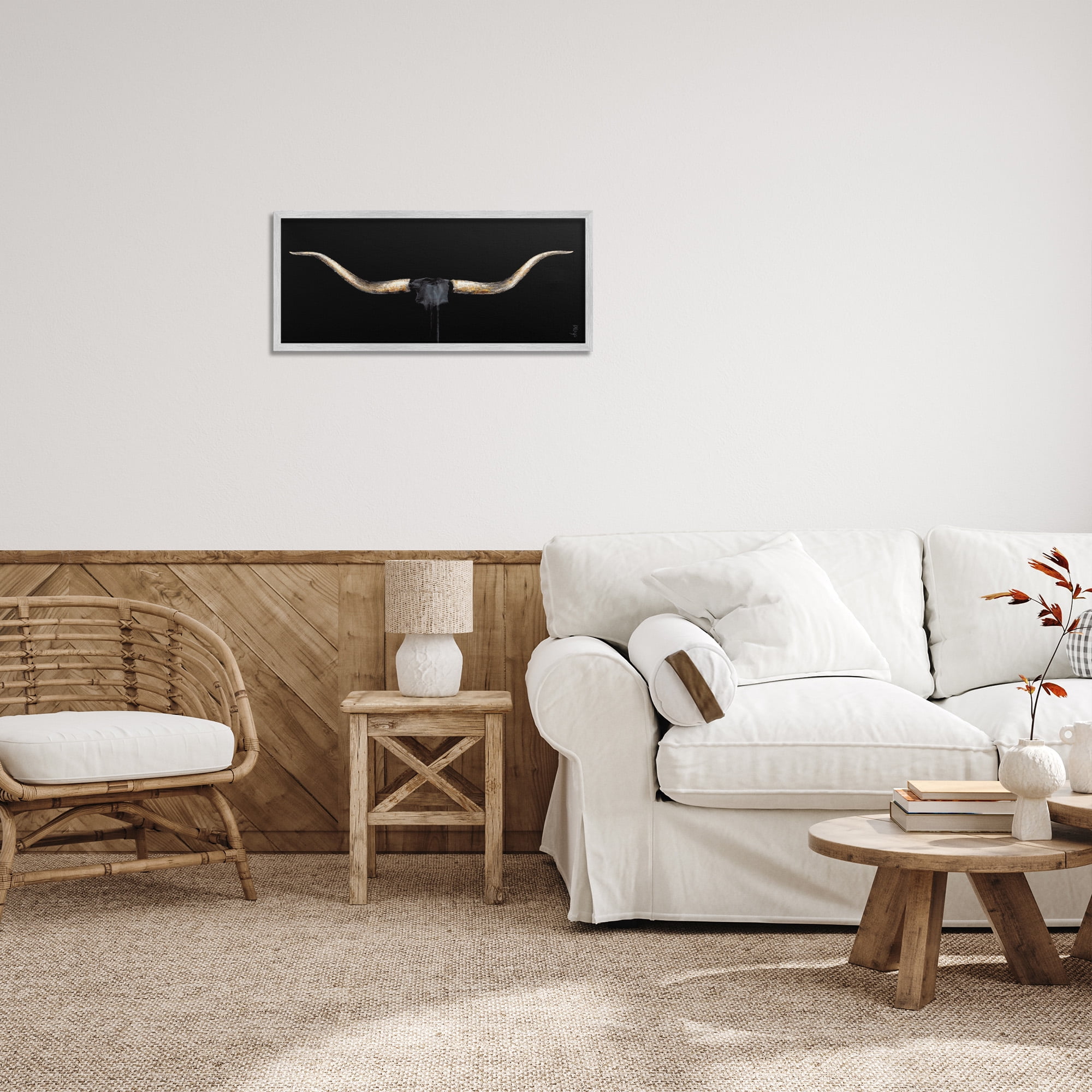 Stupell Industries Bull Horns Shadow Animal Painting Animals & Insects Painting Gray Framed Art Print Wall Art, 24 x 10