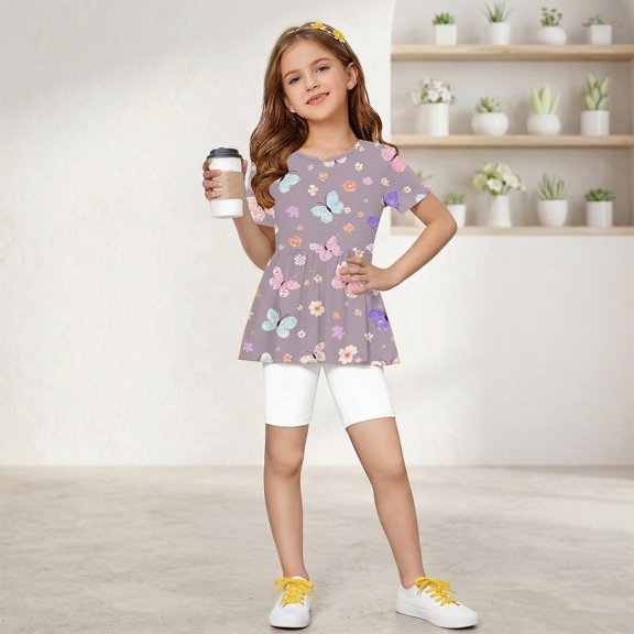 IYYVV 2-Piece Girls' Outfit Breathable Ruffle Top and Biker Short Summer Printed Matching Set Loose Lightweight Lounge Sets Dark Purple 150
