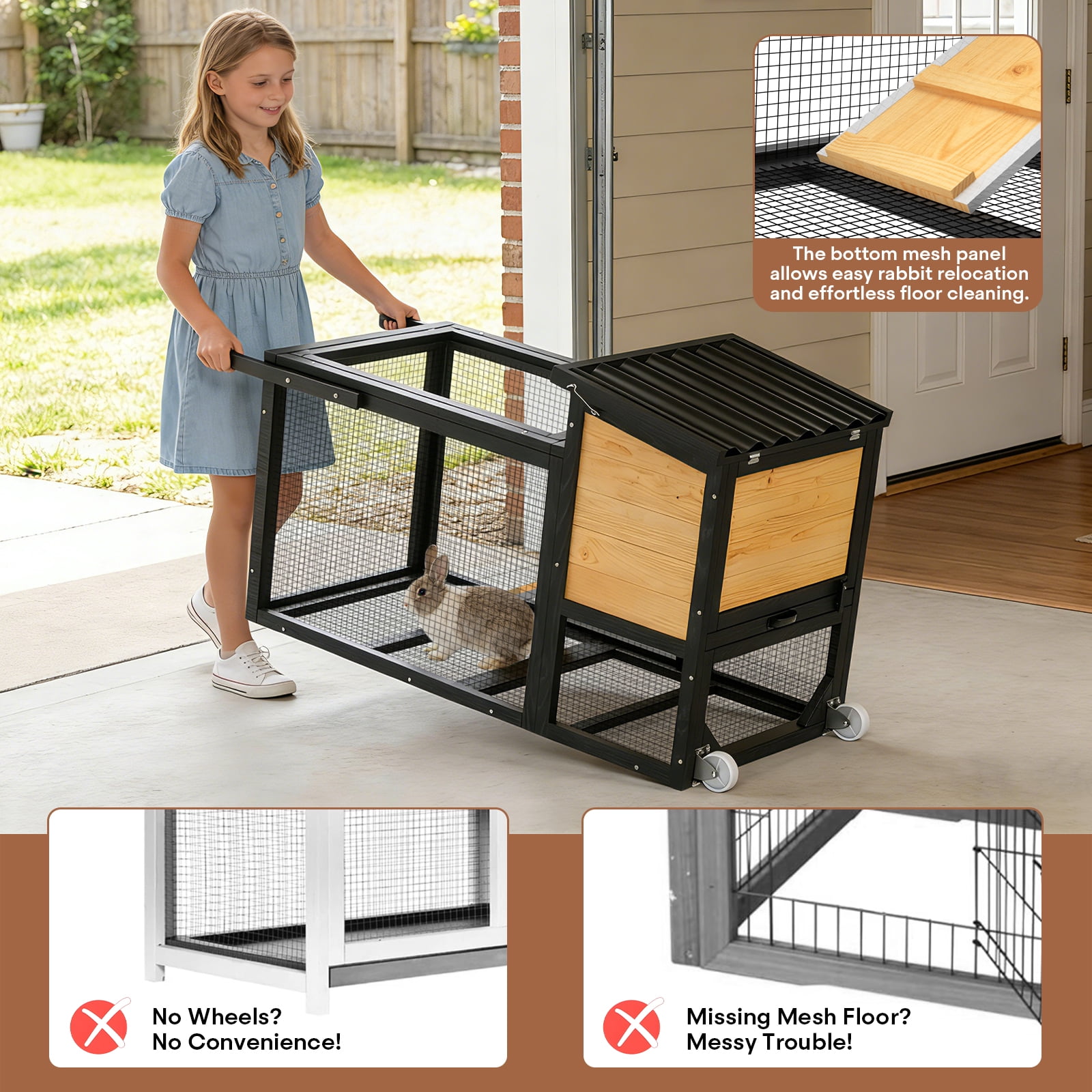 TIMHAKA 2-Story Rabbit Hutch, Wooden Bunny Cage w/ Chew-Proof Ramp & Wheels & Pull-Out Tray for Rabbits & Small Animals, Black & Yellow