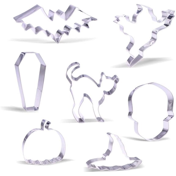BUZIFU Halloween Cookie Cutters Set, 7 PCS Biscuit/Fondant/Pastry Cookie Cutter, Stainless Steel Cookie Cutter, Halloween Pumpkin, Skull, Witch's Hat, Ghost, Bat Kids Halloween Party Decoration