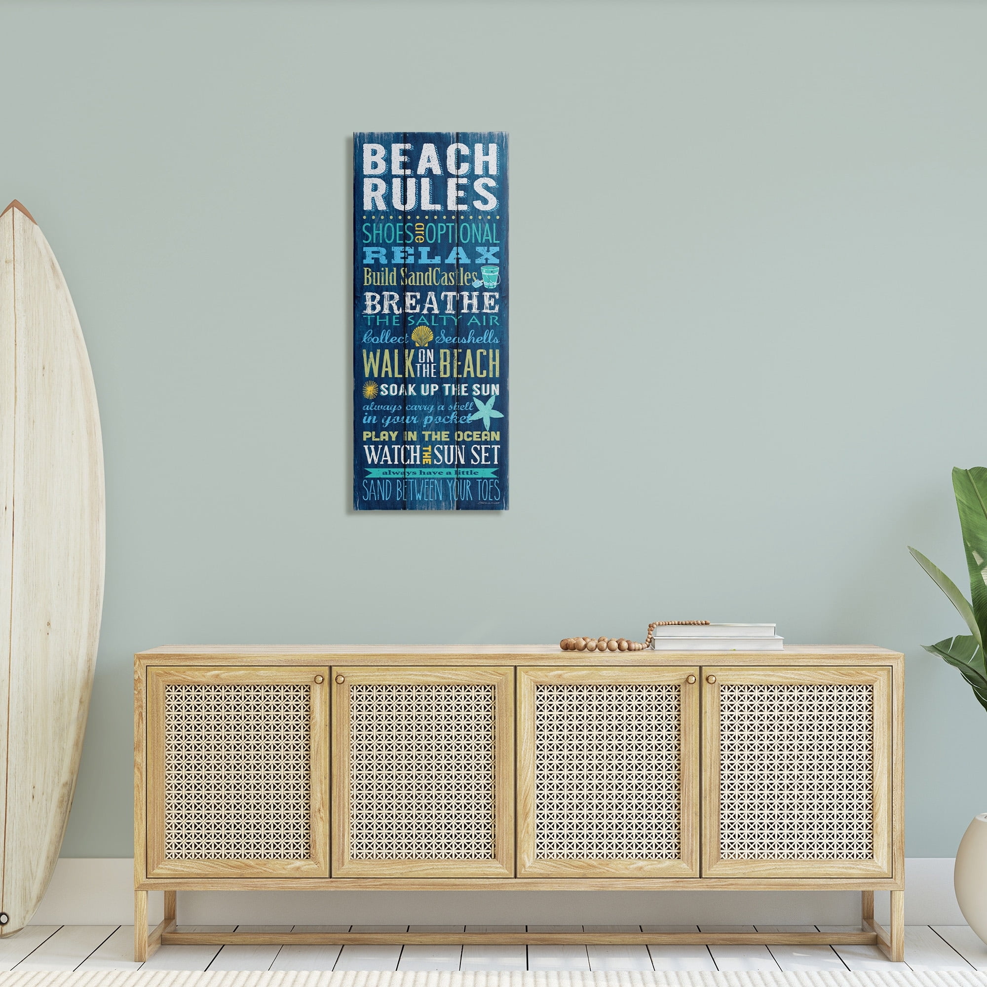 Stupell Industries Beach Rules Sign Blue Planked Pattern Motivational Phrases, 17 x 40, Design by Stephanie Workman Marrott
