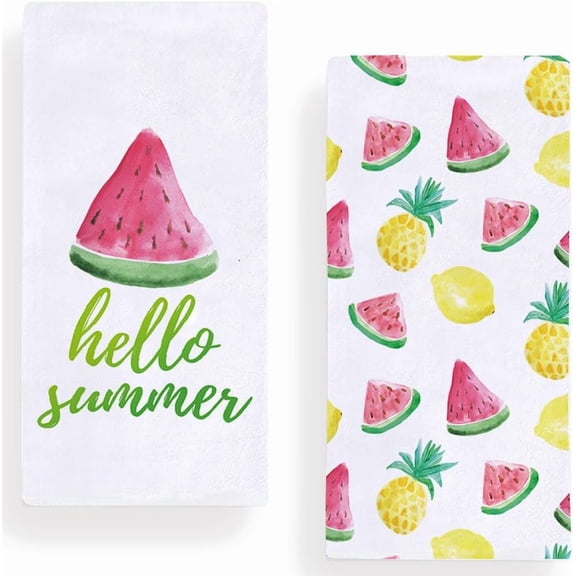 Hello Summer Watermelon Kitchen Towels Dish Towels, 16x28 Inch Summer Lemon Pineapple Decoration Hand Towels Set of 2