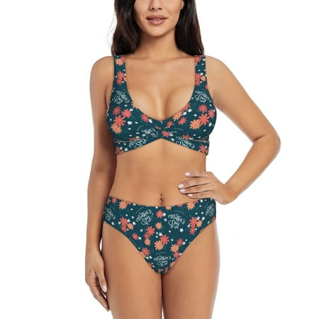 Zeuib Happy Mother s Day High Waisted Tummy Control Bikini Set - Knot Front Push Up Top & Cheeky Thong Bottom  Two-Piece Swimsuit for Women-Medium