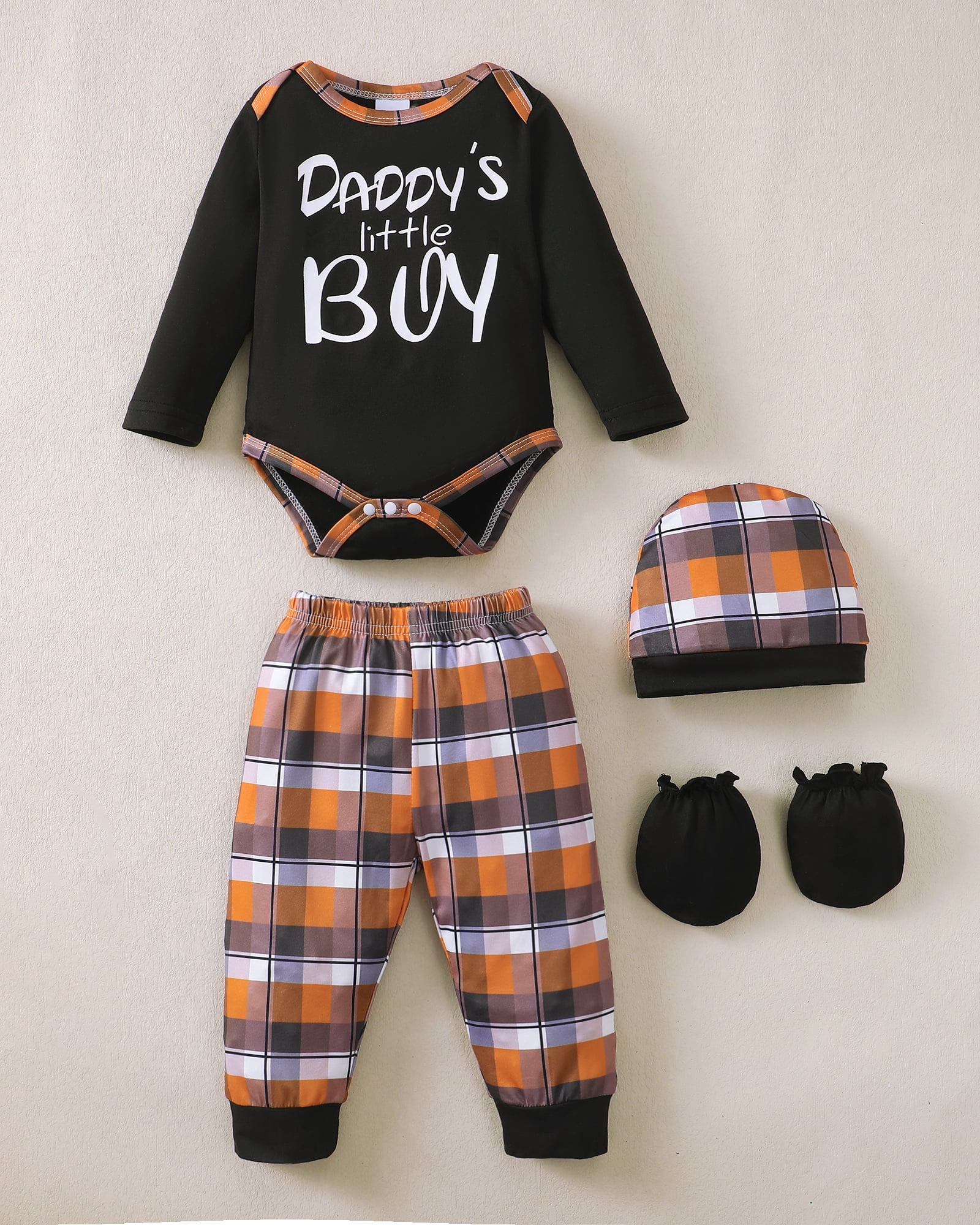 KIMI BEAR Newborn Baby Boys Layette Set Winter Outfits Long Sleeves Romper Set Letter Print Top Plaid Pants with Hats and Gloves 16pcs Clothing Brown 9-12 Months