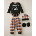 thumbnail image 2 of KIMI BEAR Infant Baby Boys Layette Set Winter Outfits Long Sleeves Romper Set Letter Print Top Plaid Pants with Hats and Gloves 16pcs Clothing Brown 12-18 Months, 2 of 9