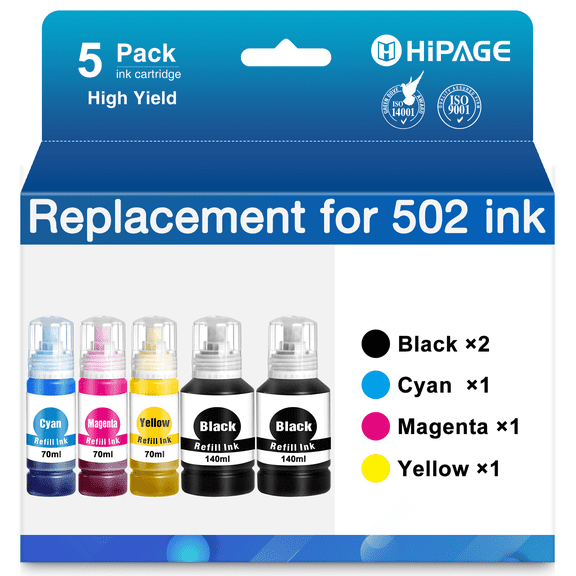 HIPAGE Ink Bottle Compatible with Epson 502 Ink Bottles (Black Cyan Magenta Yellow, 5 Pack)