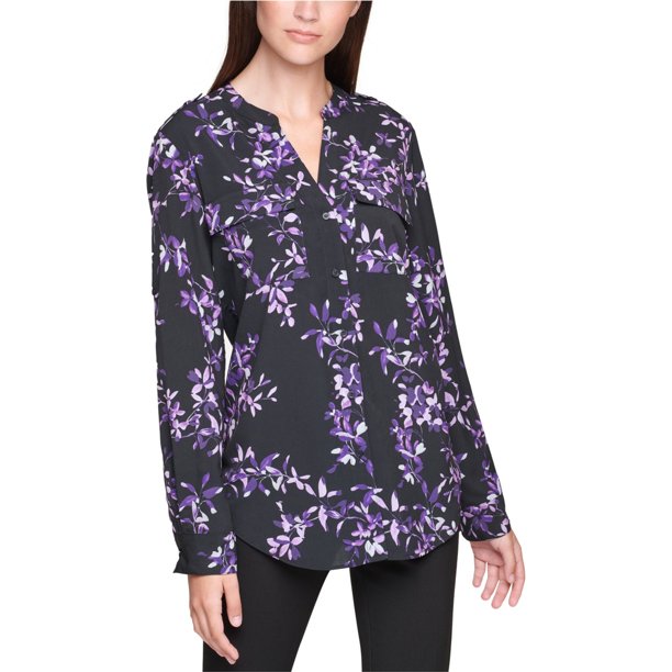 Calvin Klein Camisa con botones florales para mujer, negro, 1X