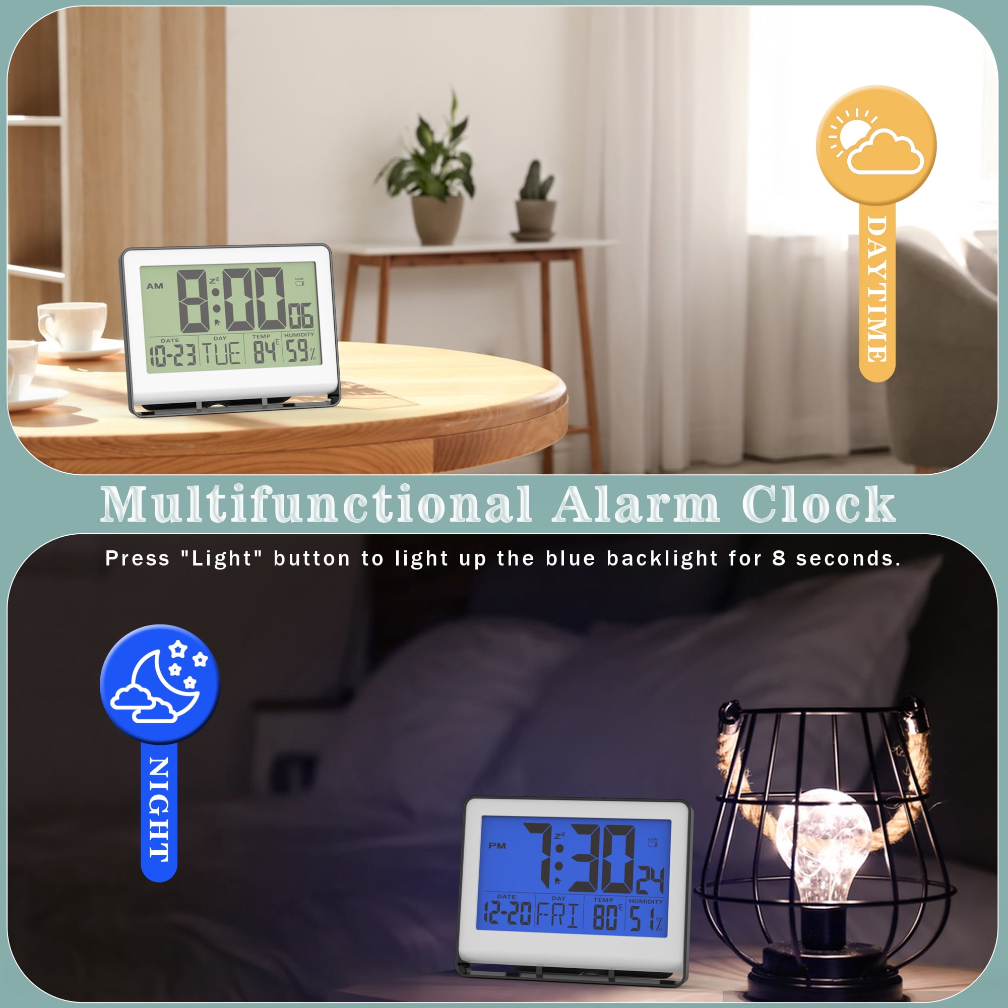 Digital Wall Clock with Indoor Temperature and Humidity, Desk Alarm Clock with Date and Blue Backlight