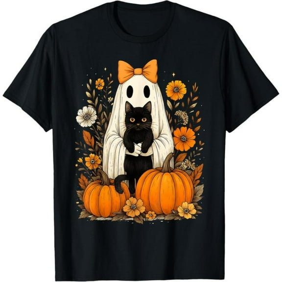 Vintage Halloween Ghost Black Cat Graphic Tees for Women,Pattern printing，Causal Tops ，Crew neck，Classic，cotton，black，S-5XL