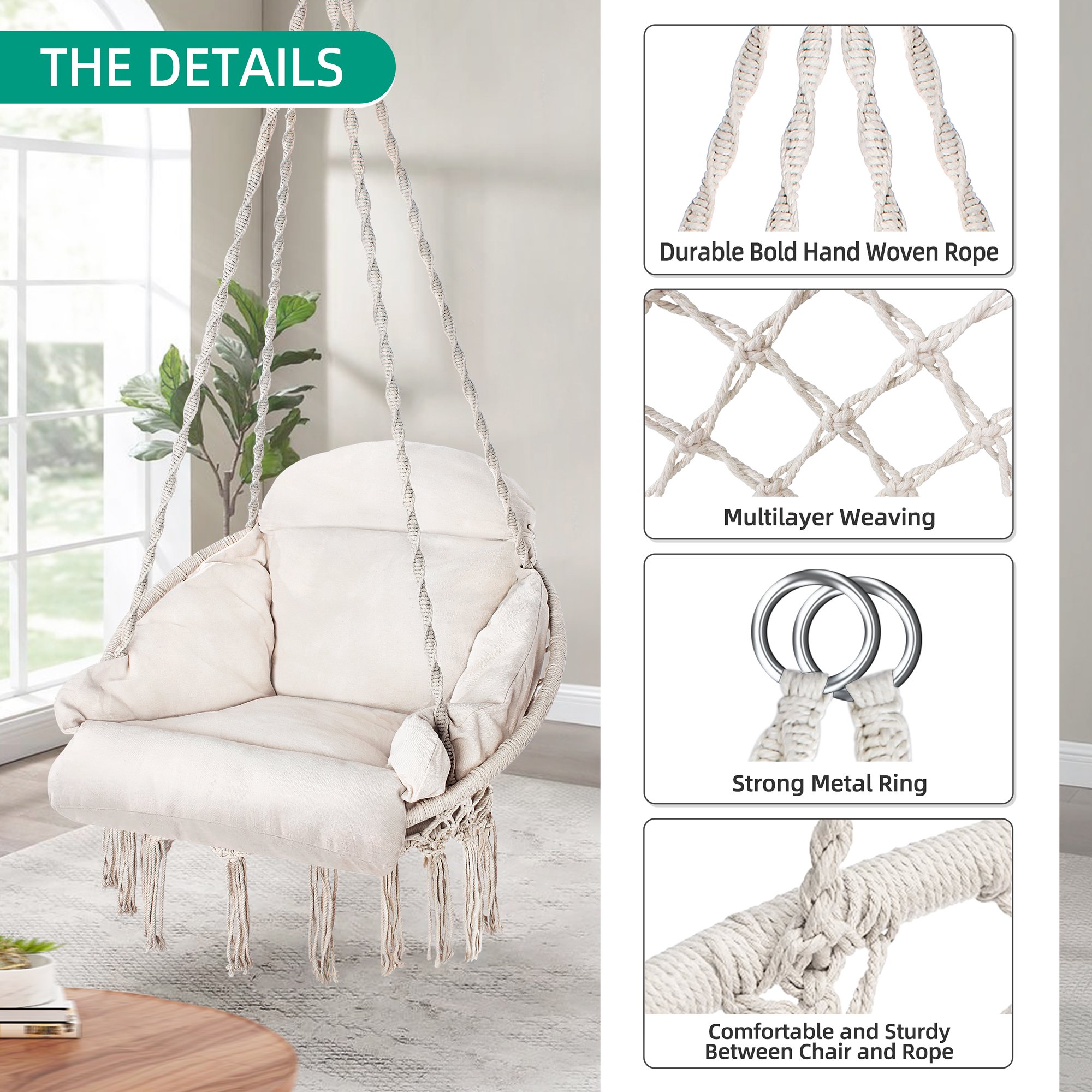 Hammock Chair with Hardware Kit, Macrame Hanging Chair Swing for Bedroom with Heavy Duty Hanging Kit for Ceiling, Cotton Rope Chairs for Indoor Outdoor, Idea Birthday Gifts for Girls Lover - image 2 of 6