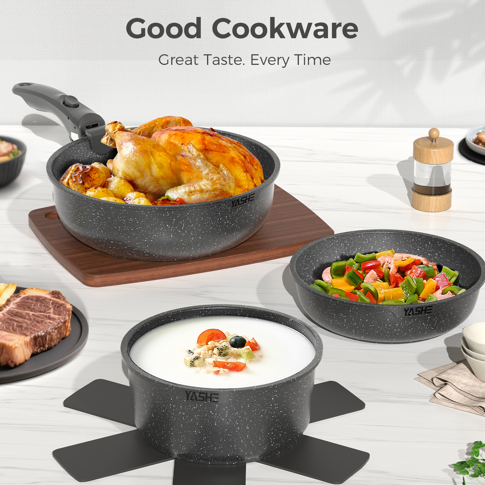YASHE 9 Pcs Nonstick Cookware Set with Detachable Handle, Stackable Pots and Pans Set, Induction Compatible, Oven Safe, Space Saving Kitchen Cookware for Home & RV