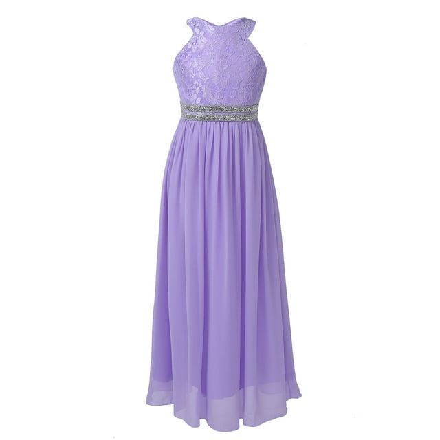 Kaerm Robe Junior Demoiselle d'Honneur pour Filles à Dos Nu en Dentelle Florale Sans Manches en Mousseline Robe Longue à Fleurs Robe de Mariage Fête Robe de Concours Lavande 8