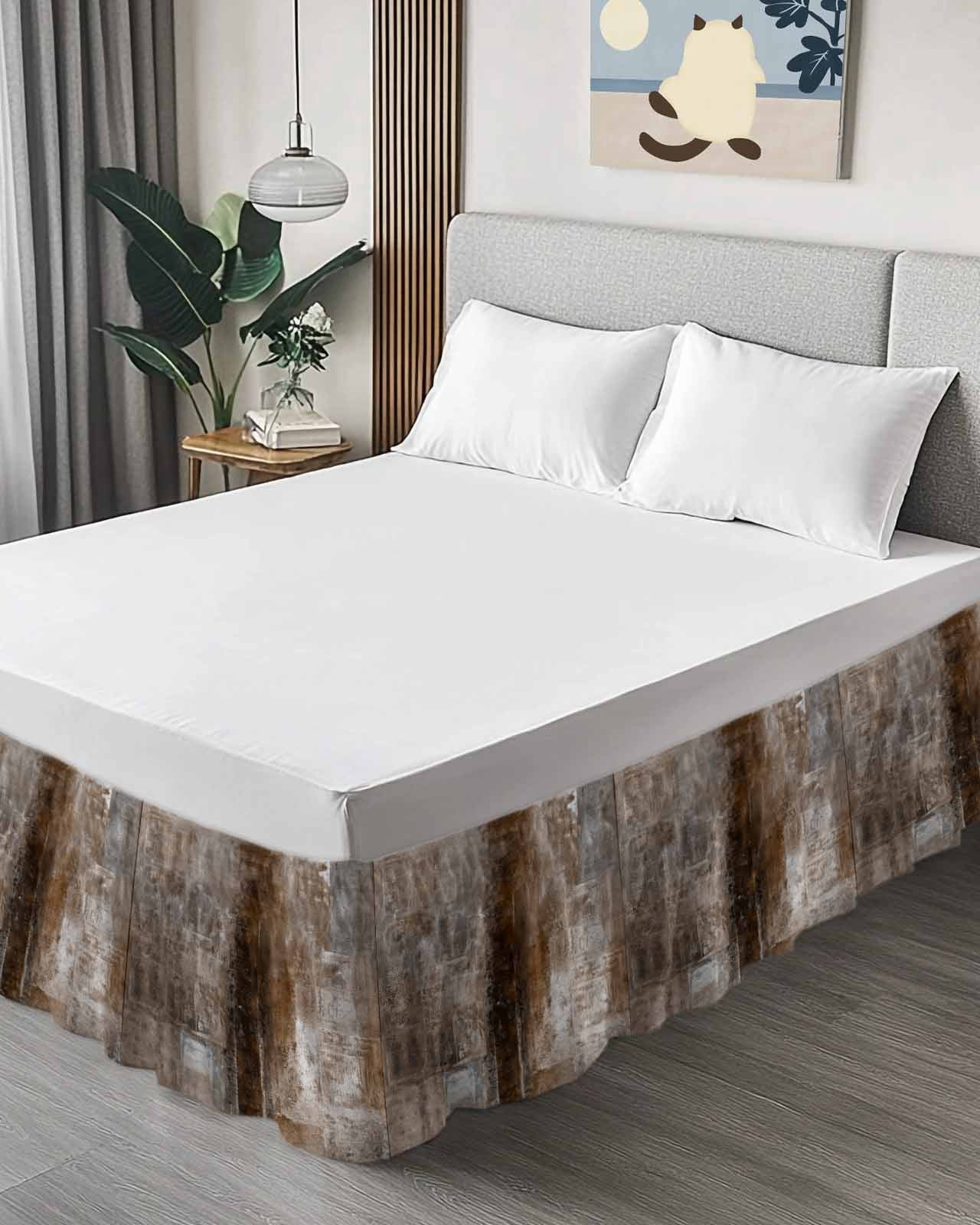 Brown Wrap Around Bed Skirts for Queen Bed 16" Drop,Bed Skirt with Adjustable Elastic Belt Dust Ruffle Bed Valance for Bedroom Hotel Retro Oil Painting Modern Abstract Art Aesthetics Bed Frame Cover