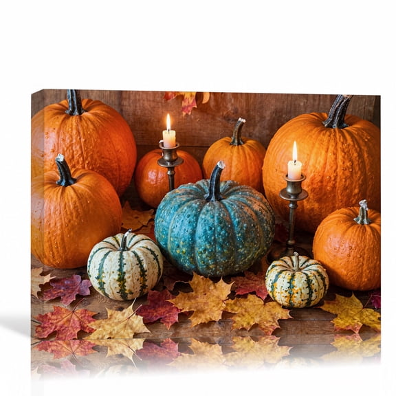Autumn Pumpkins Candles Wall Art Rustic Fall Canvas Print Maple Leaves Gallery Wrapped Canvas Kitchen Decor 18"L x 12"W