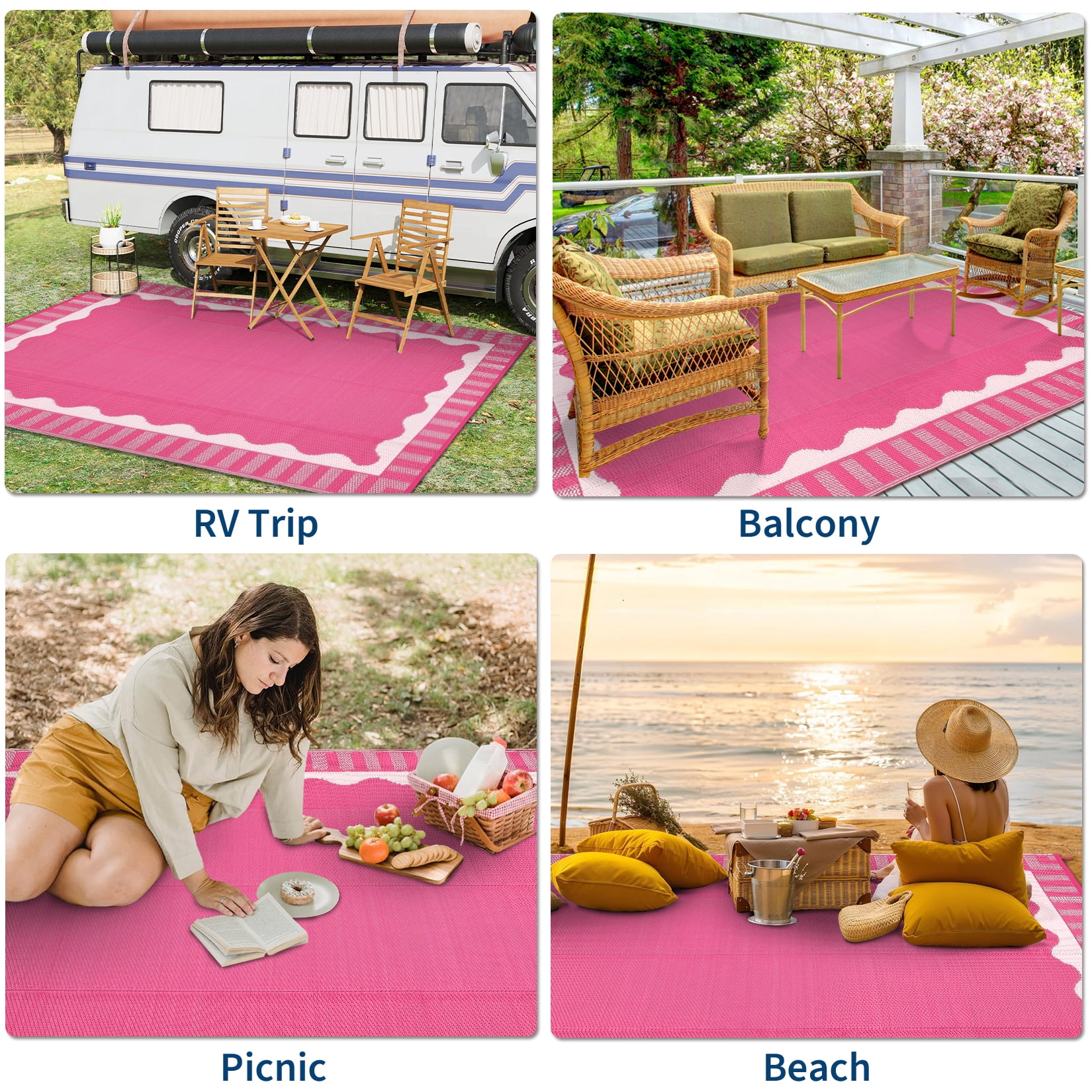 HIWEAVER 8' x 10' Pink Outdoor Rug PP Plastic Straw Woven Waterproof Patio Rug with Border Portable Outside Carpet for Balcony Deck Picnic Garden Decor