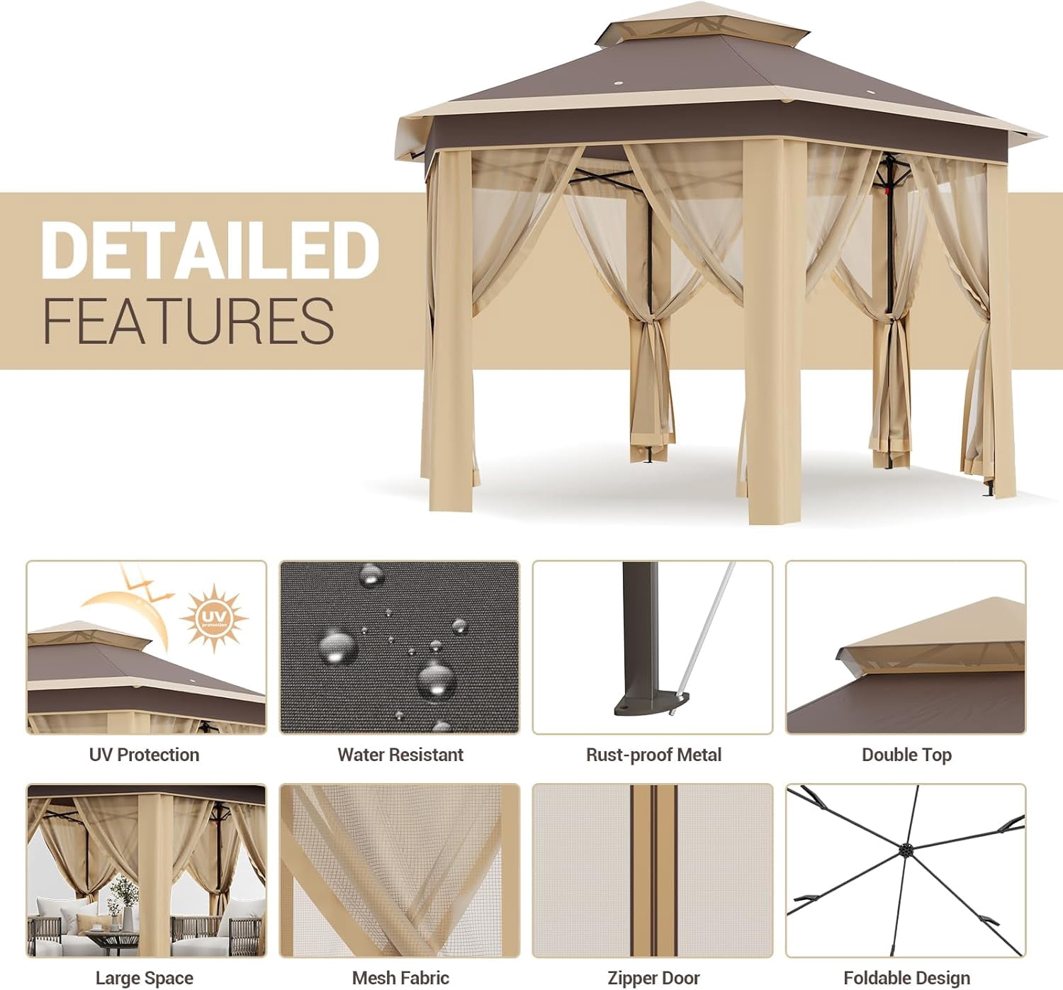 Lumiparty 13x13 ft Outdoor Pop Up Gazebo with Mosquito Netting, Adjustable Height Gazebo Shelter with Carry Bag for Backyard, Garden, Patio, Khaki