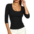 thumbnail image 6 of Women's 3/4 Sleeve Top Scoop Neck Ribbed Knit Slim Fit Casual Basic Undershirt Solid Color Layering Tee Tight Shirts for Women, 6 of 7