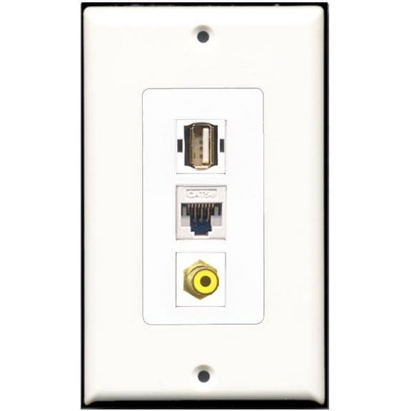 RiteAV - 1 Port RCA Yellow 1 USB A-A 1 Cat5e Ethernet White Wall Plate Decorative