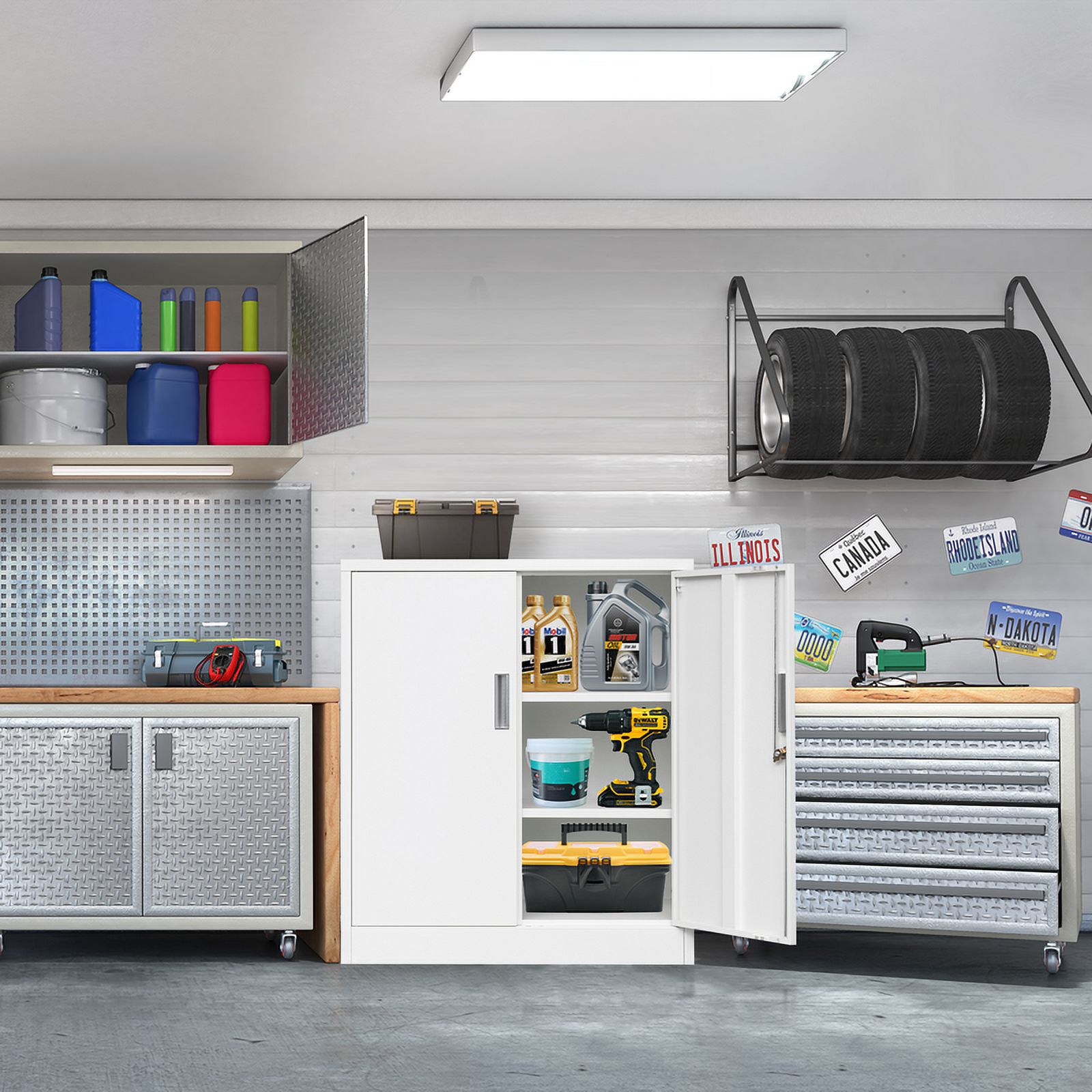 CJF Garage Cabinet, Metal Storage Cabinet with Doors and Shelves, for Home Office, Garage and Utility Room, White