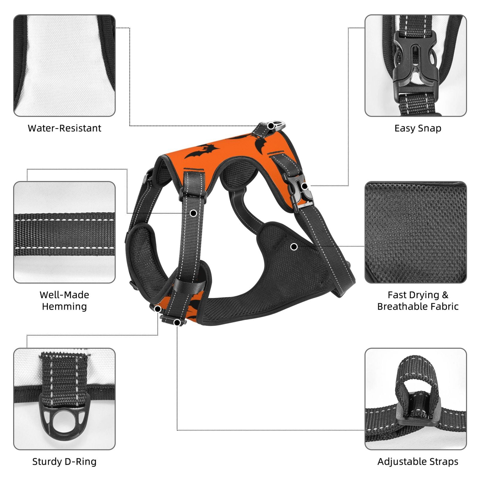 Fuzoiu Halloween Bats Print Reflective Dog Harness,Adjustable, Breathable Pet Vest,Dog Harness No Pull,No Choke Pet Vest for Small, Medium, and Large Dogs-Small