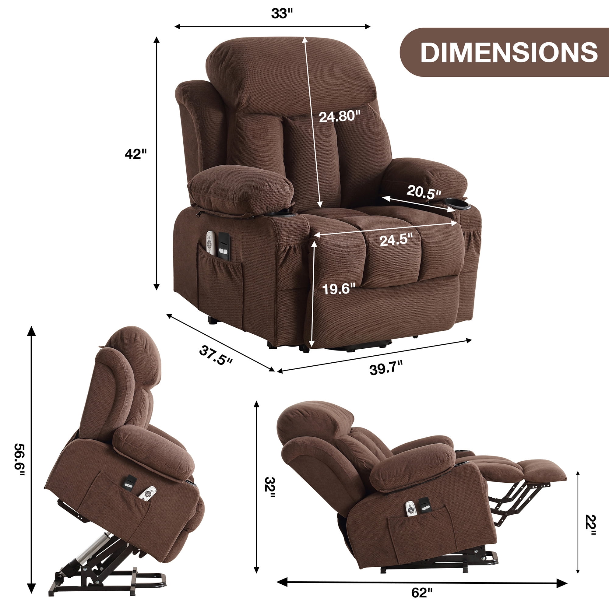 SEGMART Electric Power Lift Recliner Chair, Heavy Duty Classic Fabric Sofa Chair for Elderly, Ergonomic Lounge Single Sofa with Plush Extended Arms and Remote Control, 4 Positions,Brown