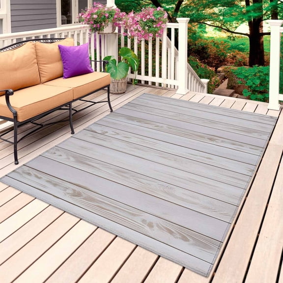 Wood Grain Rustic Outdoor Rug for Patio/Deck/Porch, Non-Slip Large Area Rug 5 x 8 Ft, Farmhouse Striped Wooden Plank Indoor Outdoor Rugs Washable Area Rugs, Reversible Camping Rug Carpet Runner