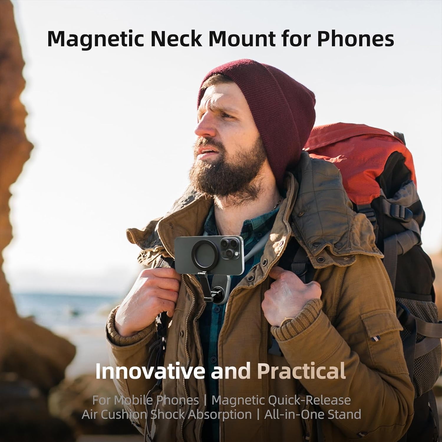Magnetic Neck Mount for Phones, Neck Cell Phone Holder POV/Vlog Selfie Mount Hand Free Phone Neck Holder Chest Stand Strap Video Recording for iPhone 16 15 14 13 12 Seires Android Phones Gray