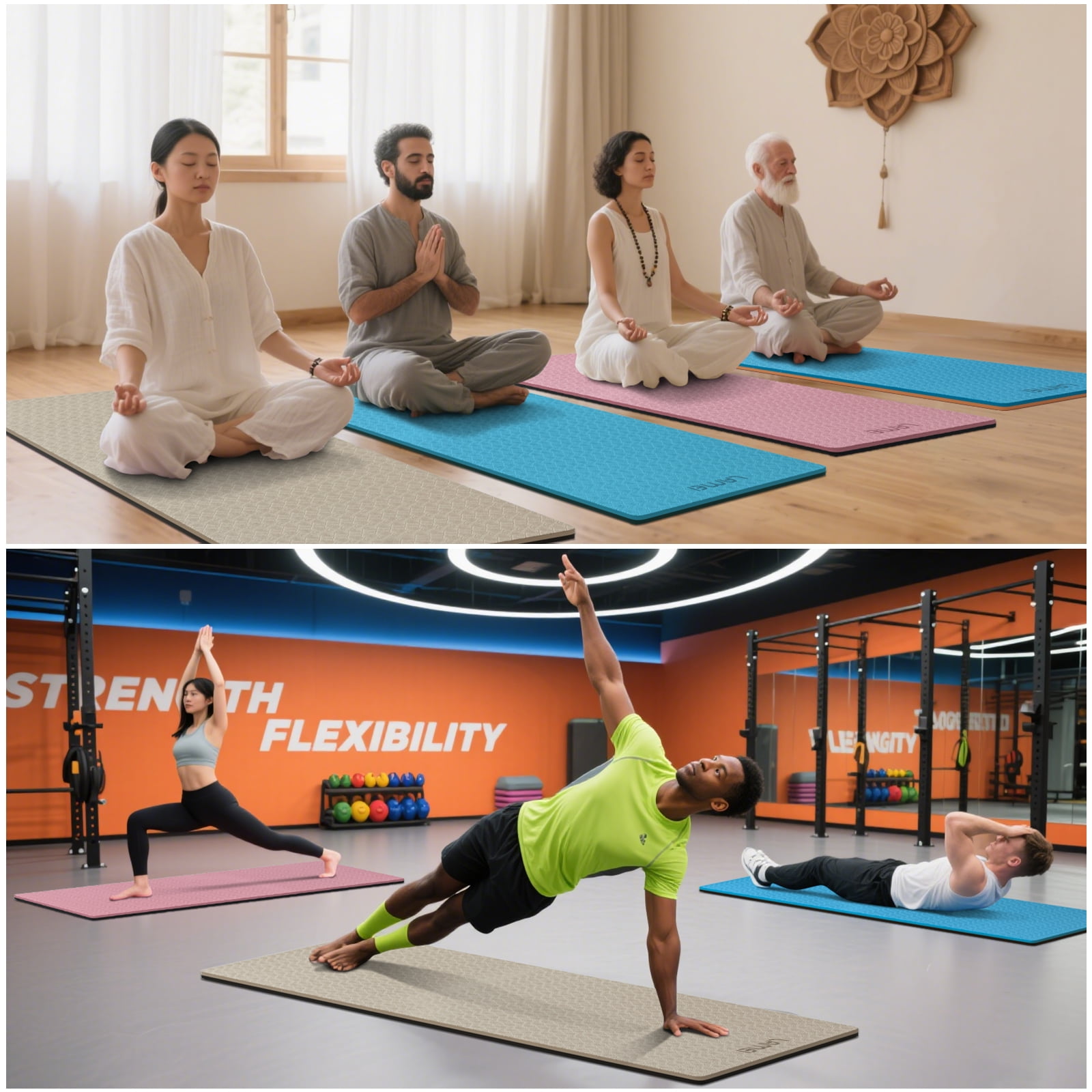 LAMEI Large Yoga Mat Thick Extra Wide And Long, Non-Slip TPE Exercise Mats For Home Workout, Straps For Carrying, Dual-Color in Blue/Black