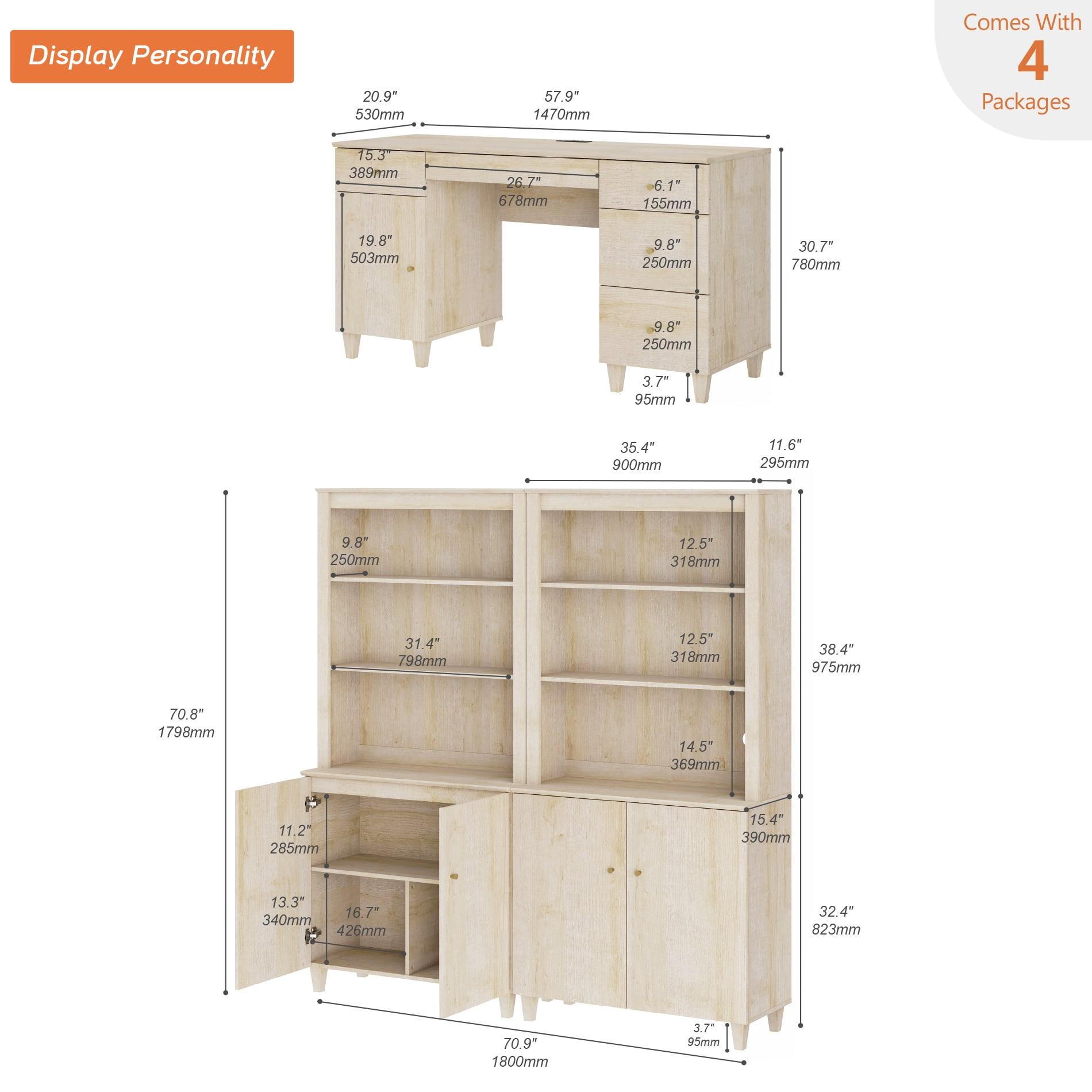 WAMPAT Home Office Furniture Set, 58" Executive Desk with Charging Station and Cabinet, 2-Column 71" Tall Bookcase with Doors and Adjustable Shelves for Living Room,Natural Oak