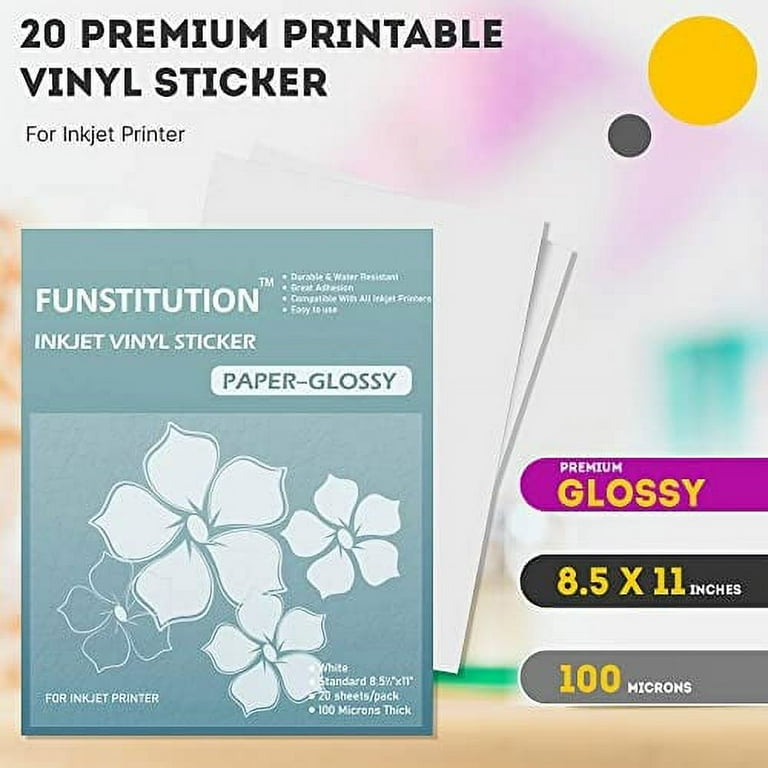 20 Premium Printable Vinyl Sticker Paper for Inkjet Printer - 8.5x11 inches  Glossy Decal Waterproof Vinyl Sticker Paper - Printable Permanent Vinyl