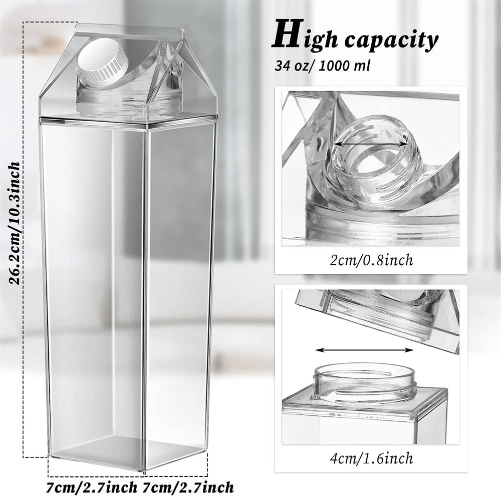 NOGIS 3 Pack Milk Carton Water Bottle, 34 oz Clear Plastic Milk Box Portable Square Juice Bottle for Outdoor Sports Travel Camping-BPA Free Eco-friendly Material