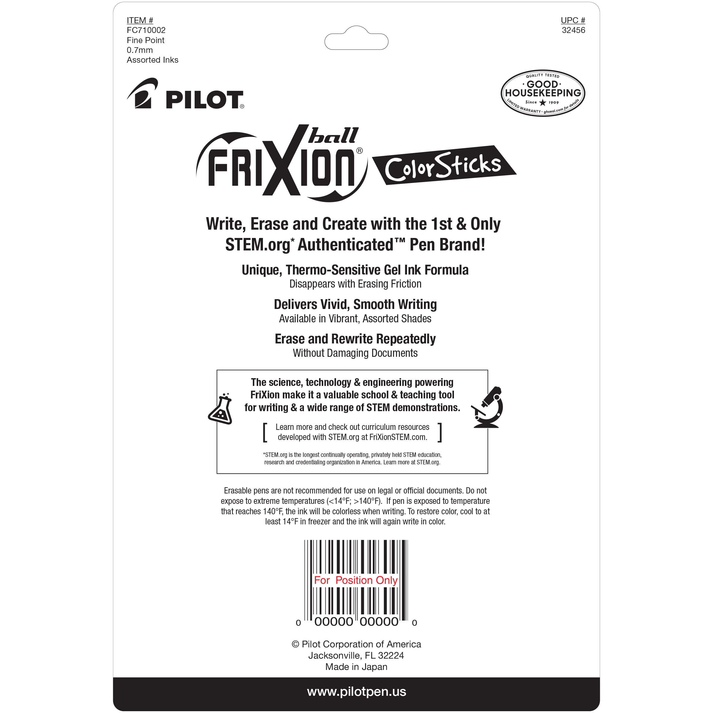 Pilot FriXion ColorSticks Erasable Gel Ink Pens, Fine Point, Assorted Ink, 10 Count Sidekick