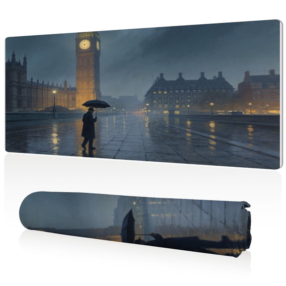 LIVEKEY Mouse Pad Rainy London Night with Big Ben and Figure 80x40x0.3cm Extra Large Full Desk Coverage Non Slip Durable Easy Clean Stitched Edges for Gaming and Office
