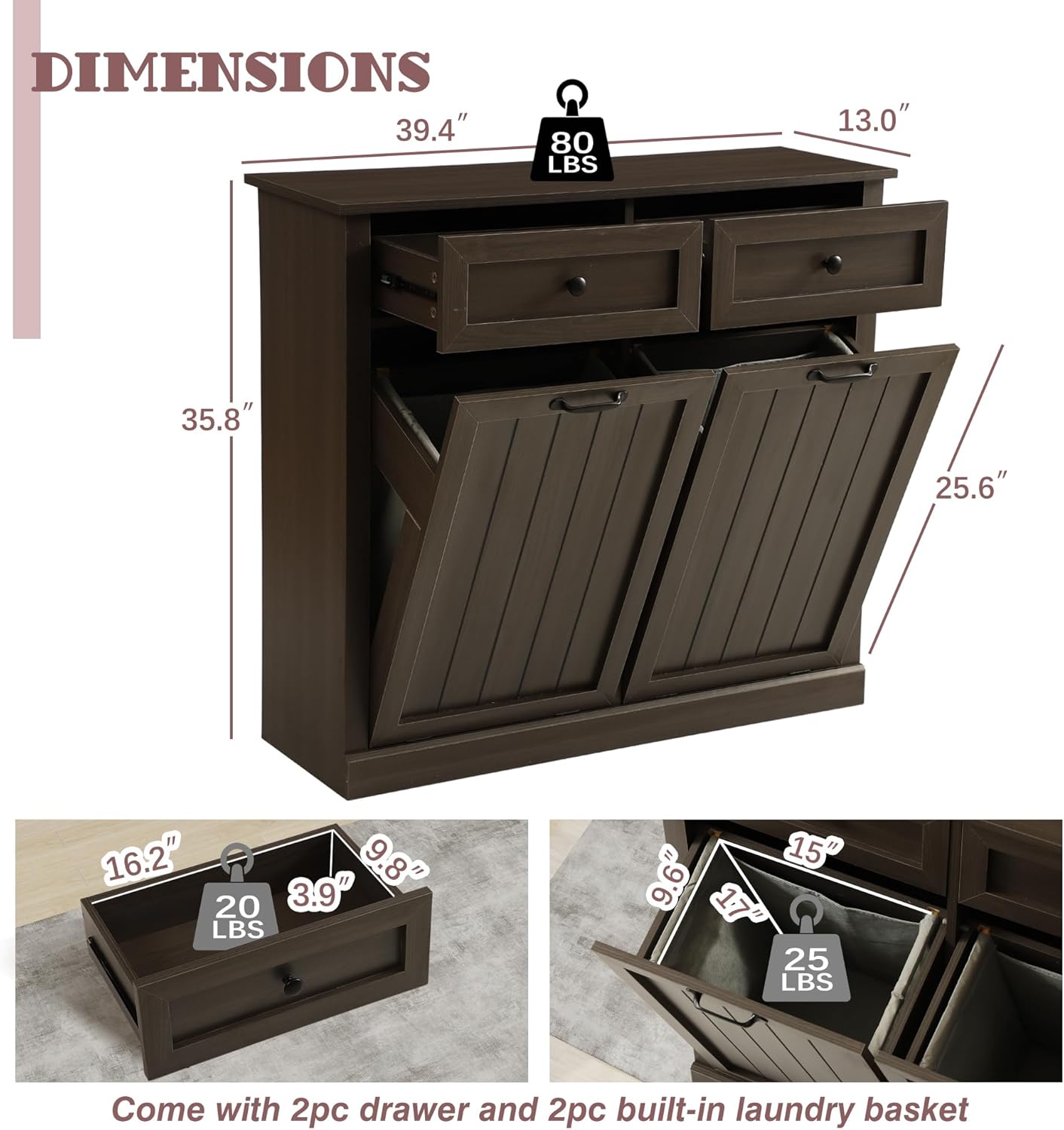 Haverchair Double Tilt Out Laundry Hamper Cabinet, Modern Farmhouse Trash Can Cabinet w/2 Drawers, Wooden 20 Gallon Hidden Garbage Cabinets with 2 Laundry Storage Baskets for Kitchen and Bathroom