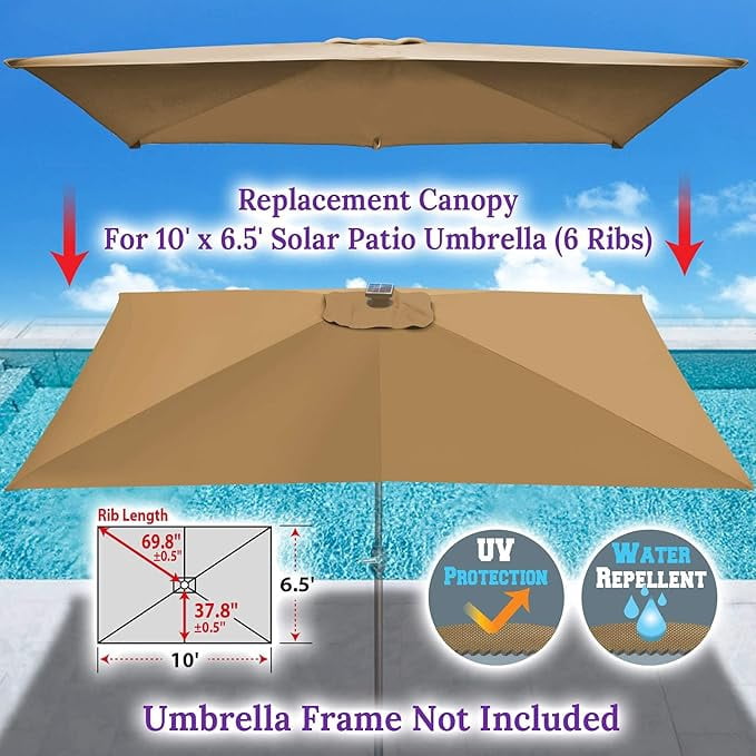 ALUVIERA 6-Rib 10'x6.5' Solar Patio Umbrella Replacement Canopy cover for Outdoor