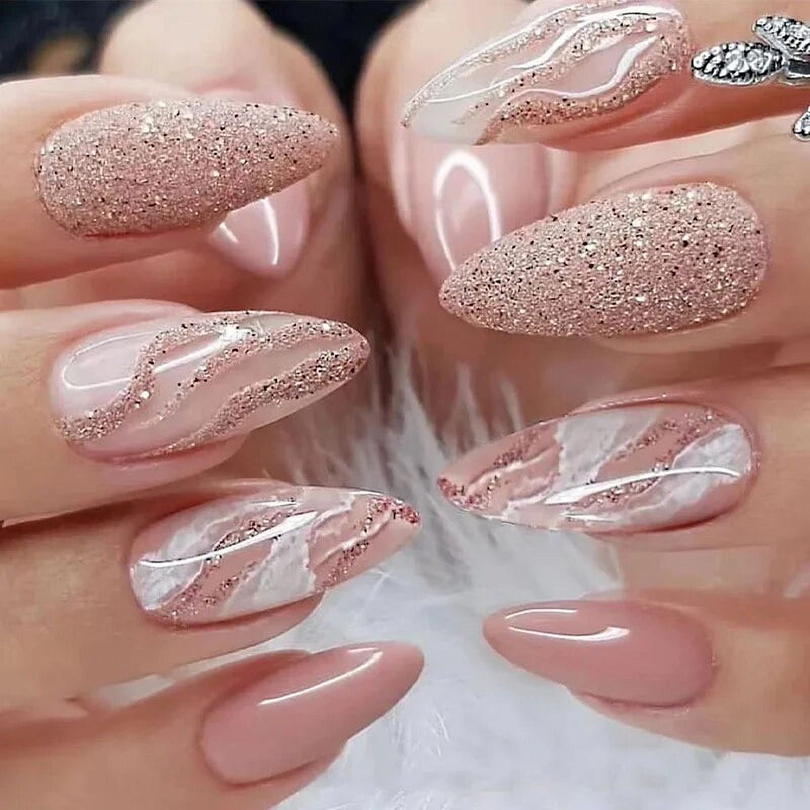 24 PCs Long Pieces of French Glitter Nails with 1 Piece of Jelly Glue and 1 Nail File