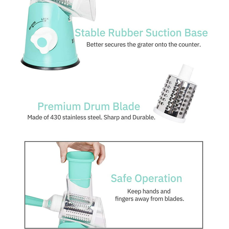 Premium Rotary Cheese Grater, Manual Cheese Grater with Handle, Handheld Vegetables  Slicer Cheese Shredder with Rubber Suction Base, 3 Stainless Drum Blades  Included, Easy to Use and Clean, Blue 
