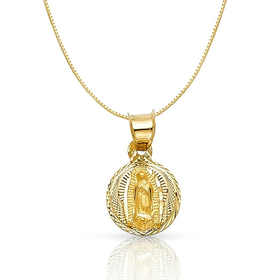 Ioka-14K Yellow Gold Diamond Cut Our Lady of Guadalupe Stamp Religious Charm Pendant with 0.5mm Box Chain Necklace - 16"