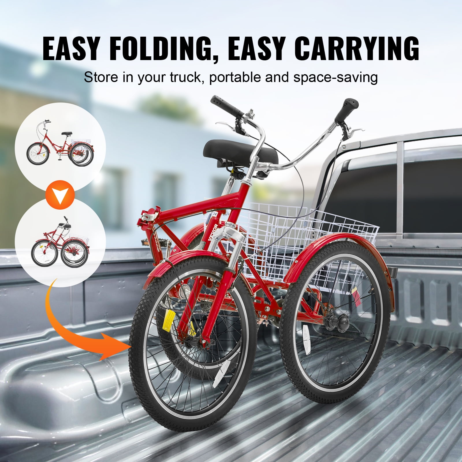 SKYSHALO Folding Adult Tricycle 24" Adult 3-Wheel Folding Trikes Carbon Steel Red