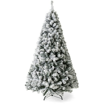 Trees Decor Best Choice Products 9ft Snow Flocked Hinged Artificial Christmas Pine Tree Holiday Decor w/ Metal Stand, Green ()