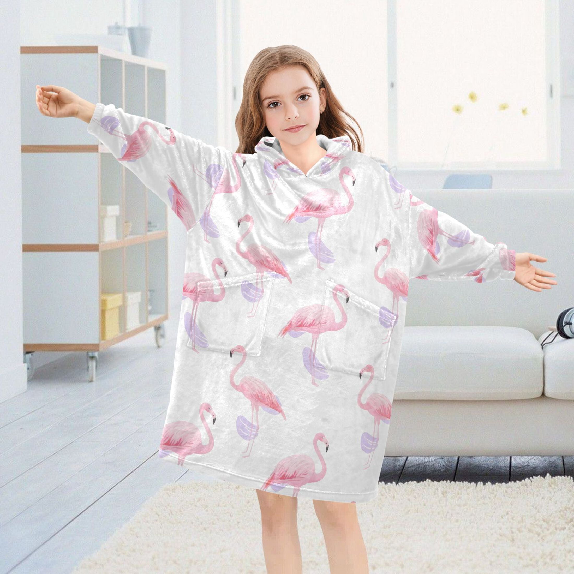 joogoo Wearable Blanket Hoodie for Flamingos Watercolor Oversized Sherpa Hooded 3-14 YR M