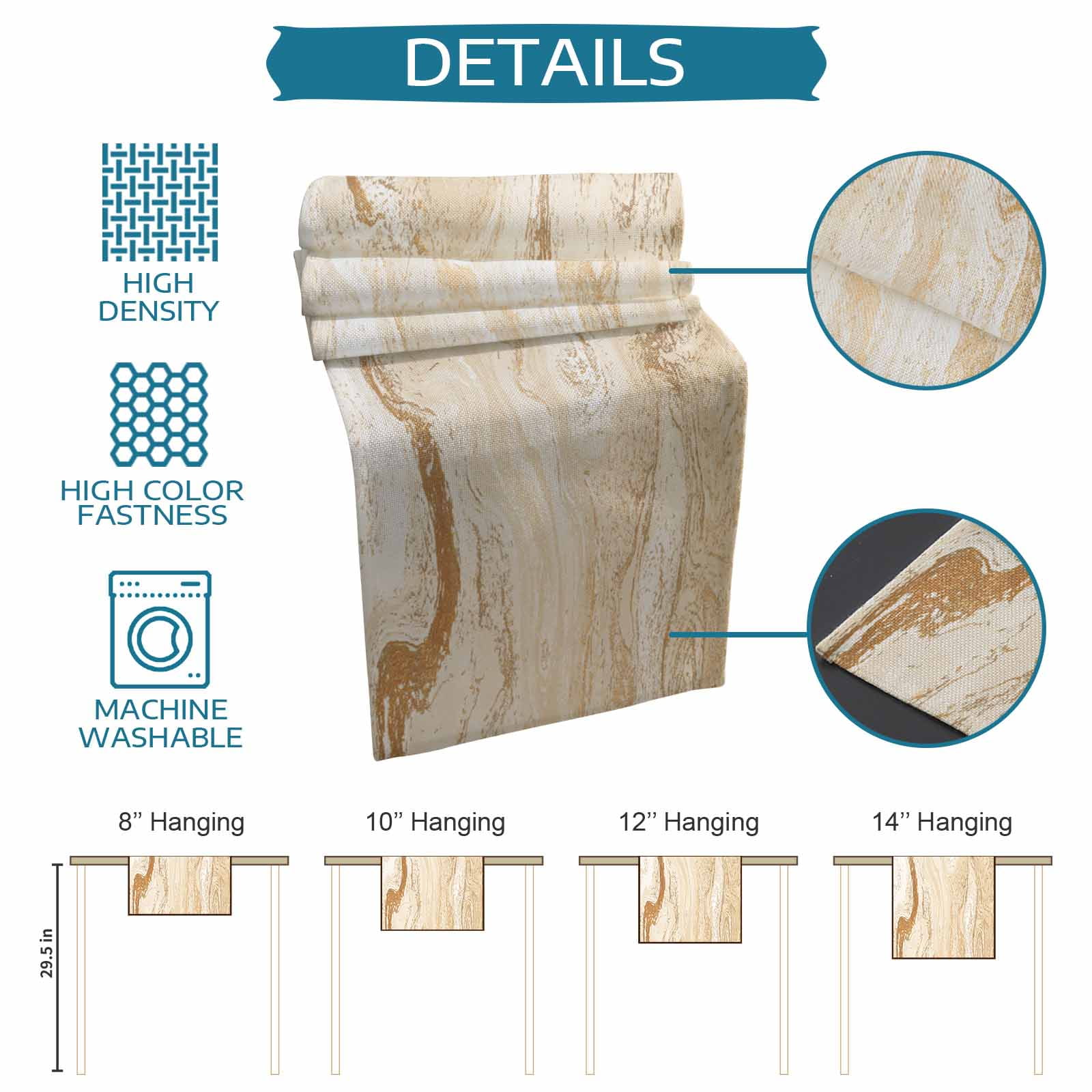 Beige Marble Table Runner, Chic Neutral Minimalist Fluid Aesthetic Washable Cotton Linen Table Runners 72 Inches Long, Dresser Scarf Runner for Dining/Coffee/Kitchen/TV Stands/Cabinets 13''x72''