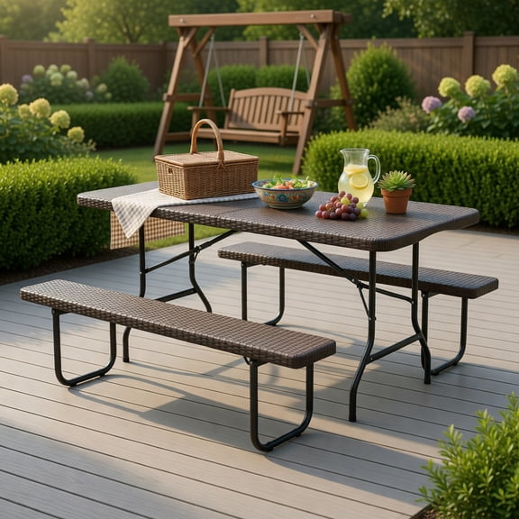 Hommoo 6 ft Portable Folding Table, HDPE Rattan-Look Tabletop, Weatherproof & Locking Frame for Outdoor Picnics, Camping, and Indoor Use, Coffee