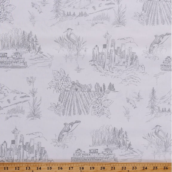 Cotton Seattle Washington Pacific Northwest Cottage Clothworks Whale Mount Rainer Cream Gray Cotton Fabric Print by the Yard (Y2485-6GRAY)